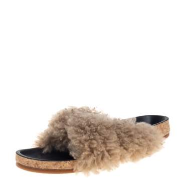 Pre Owned Chloe Beige Shearling Slide Sandals Size 41