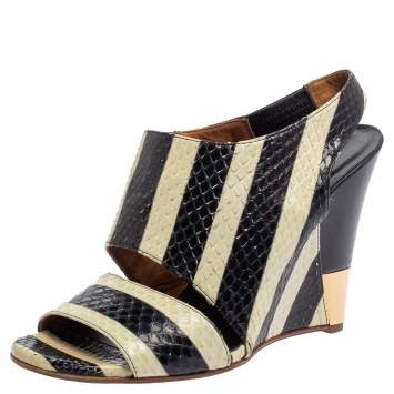 Pre Owned Chloe Cream/Black Striped Python Ayers Wedge Slingback Sandals 39
