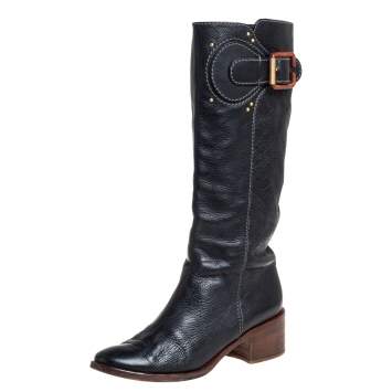 Pre Owned Chloe Black Leather Mid Calf Boots Size 40