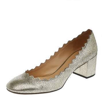 Pre Owned Chloe Gold Leather Lauren Scallop Trim Block Heel Pumps Size 37.5