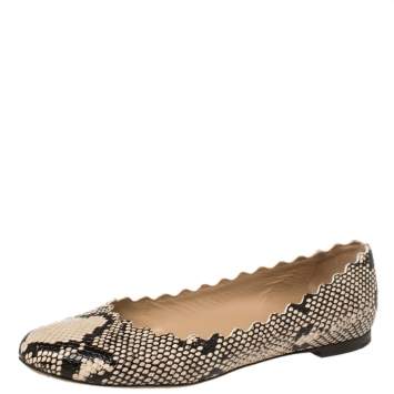 Pre Owned Chloe Black/Beige Python Embossed Leather Lauren Ballet Flats Size 39