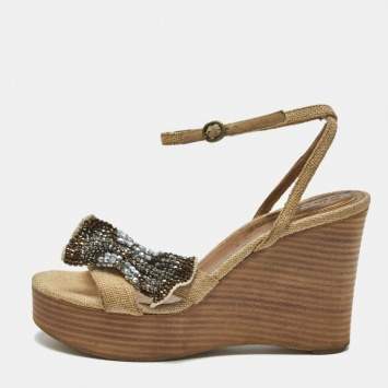 Pre Owned Chloe Beige Canvas Crystal Bow Ankle Strap Wedges Size 37
