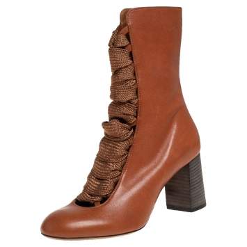Pre Owned Chloe Tan Leather Harper Mid Calf Boots Size 37.5