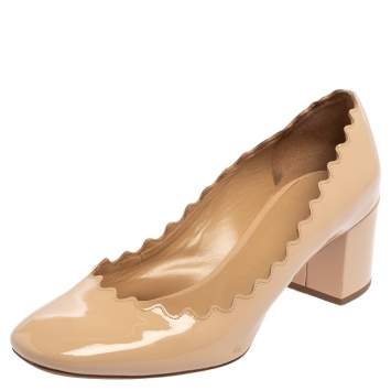 Pre Owned Chloé Beige Patent Leather Scalloped Accent Pumps Size 36
