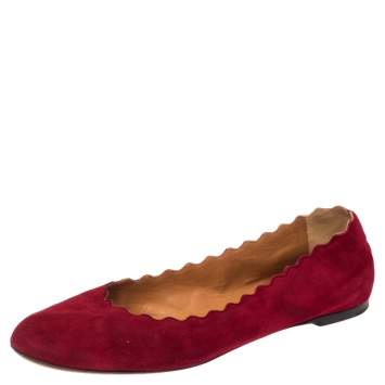 Pre Owned Chloe Red Suede Lauren Scalloped Ballet Flats Size 39.5