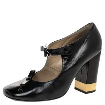 Pre Owned Chloe Black Leather Mary Jane Bow Block Heel Pumps Size 38.5 