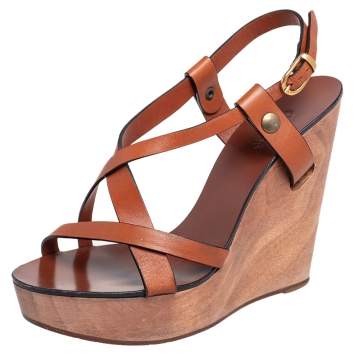 Pre Owned Chloe Brown Leather Ankle Strap  Wedge Platform Sandals Size 36