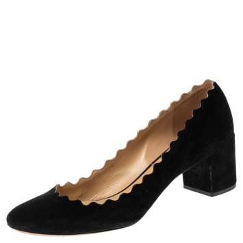 Pre Owned Chloe Black Suede Lauren Scallop Trim Block Heel Pumps Size 38