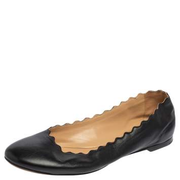 Pre Owned Chloe Black Leather Scallop Lauren Ballet Flats Size 37.5