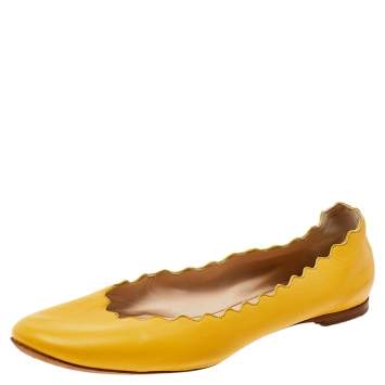 Pre Owned Chloe Yellow Leather Scalloped Ballet Flats Size 38