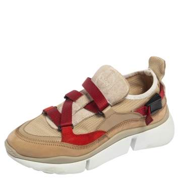 Pre Owned Chloe Beige/Maroon Mesh and Suede Sonnie Sneakers Size 37
