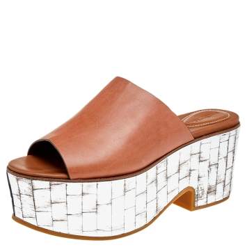 Pre Owned See by Chloe Brown Leather Platform Slide Sandals Size 41