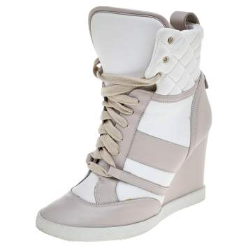 Pre Owned Chloe Light Pink/White Leather And Fabric Quilted High Top Wedge Sneakers Size 37
