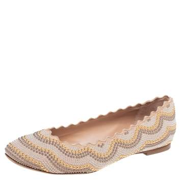Pre Owned Chloe Beige Leather Studded Ballet Flats Size 37.5