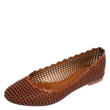 Pre Owned Chloe Brown Perforated Leather Lauren Scalloped Ballet Flats Size 38.5