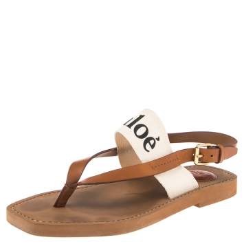 Pre Owned Chloe Logo-Print Canvas And Leather Flat Sandals Size 38