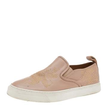 Pre Owned Chloe Beige Leather Embellished Slip On Sneakers Size 39
