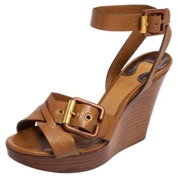 Pre Owned Chloe Brown Leather Crisscross Ankle-Strap Wooden Wedge Sandals Size 36