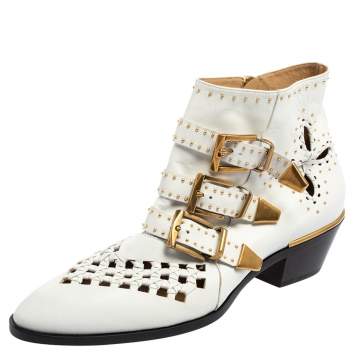 Pre Owned Chloe White Leather Cutout Studded Susanna Boots Size 38.5 