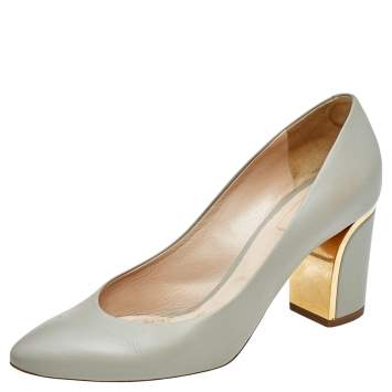 Pre Owned Chloe Grey Leather Beckie Block Heel Pumps Size 37