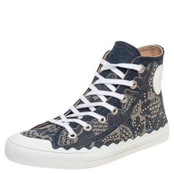 Pre Owned Chloe Blue Canvas Embellished High Top Sneakers Size 38