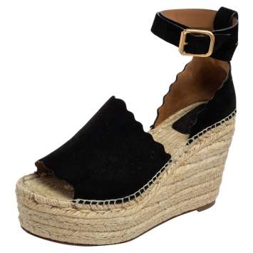 Pre Owned Chloe Black Suede Scalloped Trim Lauren Ankle Wrap Espadrille Platform Wedge Sandals Size 40