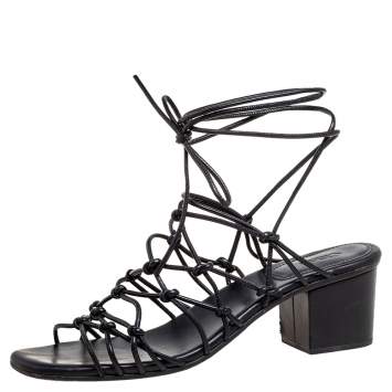 Pre Owned Chloe Black Leather Jamie Knot Ankle Wrap Sandals Size 38