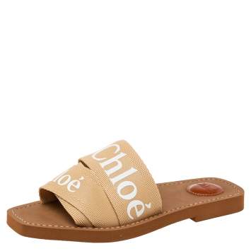 Pre Owned Chloé Ivory Canvas Logo Woody Flat Mules Size 38