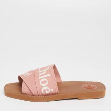 Pre Owned Chloe Pink Canvas Logo Ribbon Woody Flat Slide Sandals Size 39