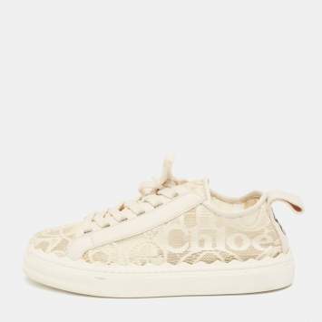 Pre Owned Chloe Cream Lace And Leather Lauren Lace Up Sneakers Size 39