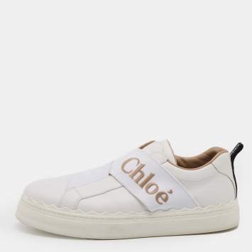Pre Owned Chloé White Leather Lauren Logo Embroidered Slip On Sneakers Size 39
