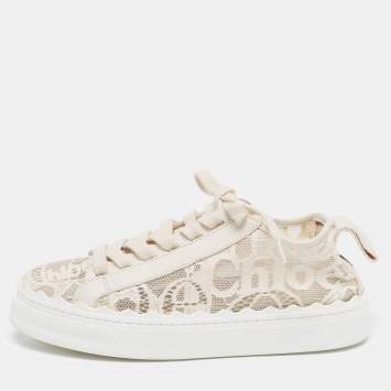 Pre Owned Chloe Cream Lace And Leather Lauren Lace Up Sneakers Size 37