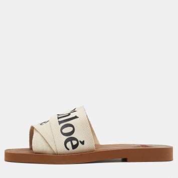 Pre Owned Chloé Off White Canvas Logo Ribbon Woody Flat Sandals Size 36