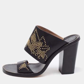 Pre Owned Chloe Black/Gold Studded Leather Slide Sandals Size 41