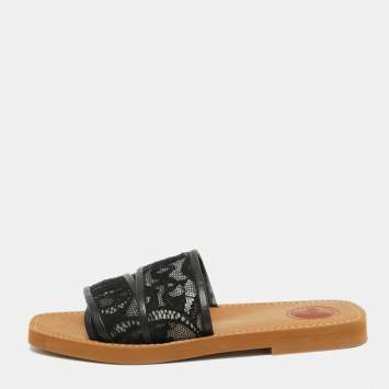 Pre Owned Chloe Black Lace and Leather Trim Woody Flat Slides Size 39