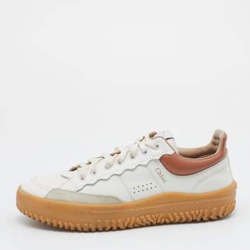 Pre Owned Chloe White/Brown Leather And Suede Trims Franckie Low Top Sneakers Size 38