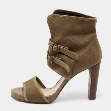 Pre Owned Chloe Brown Canvas and Leather Trim Ankle Sandals Size 38