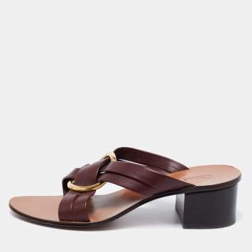 مملوكة مسبقًا Chloe Burgundy Leather Rony Block Heel Sandals Size 39