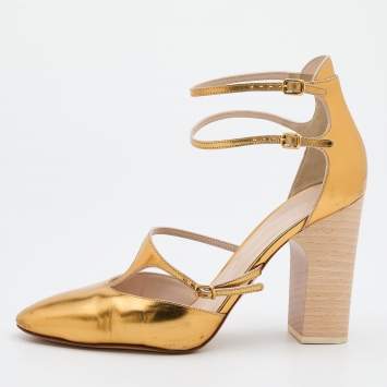 Pre Owned Chloe Metallic Gold Leather Block Heel Ankle Strap Sandals Size 39.5