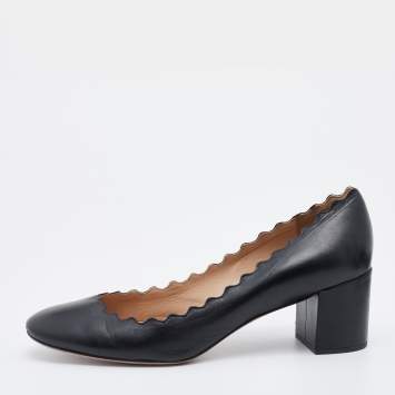 Pre Owned Chloe Black Leather Lauren Scallop Trim Block Heel Pumps Size 38