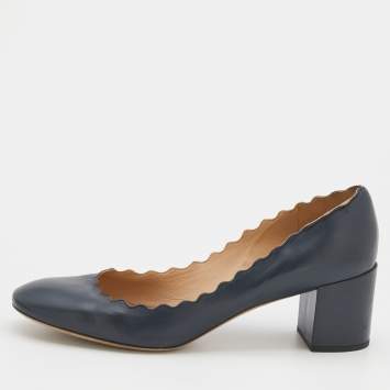 Pre Owned Chloe Grey Leather Lauren Scallop Trim Block Heel Pumps Size 41