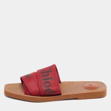 Pre Owned Chloe Red Logo Canvas Woody Flat Slides Size 40 