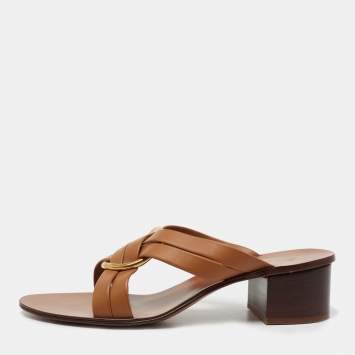مملوكة مسبقًا Chloe Brown Leather Rony Block Heel Sandals Size 42