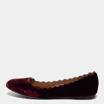 Pre Owned Chloe Burgundy Velvet Scalloped Edge Ballerina Ballet Flats Size 41