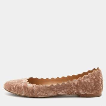 Pre Owned Chloe Beige Scalloped Velvet Lauren Ballet Flats Size 37.5