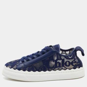 Pre Owned Chloe Navy Blue Lace and Leather Lauren Low Top Sneakers Size 39