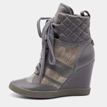 Pre Owned Chloe Grey Snakeskin and Quilted Leather Wedge Sneakers Size 37.5