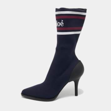 Pre Owned Chloe Navy Blue Knit Fabric Tracy Sock Booties Size 41