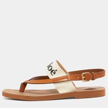 Pre Owned Chloe Beige/Cream Leather and Canvas Woody Slingback Sandals Size 41