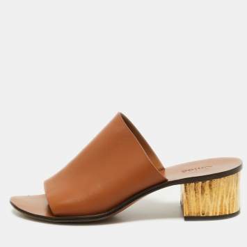 Pre Owned Chloe Brown Leather Block Heel Open Toe Mules Sandals Size 39